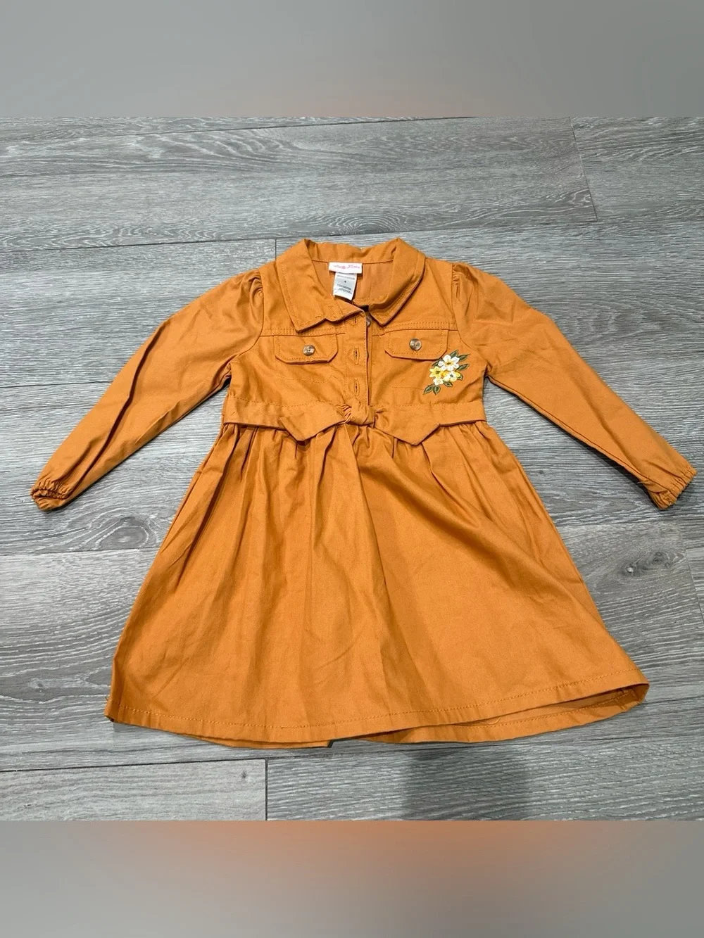 Little Lass Rust Orange Long-Sleeve Button-Front Dress with Floral Patch